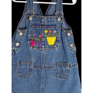 Vtg 90s Kids Denim Floral Embroidered Jumper Overall Dress Heart Buckles Size 4